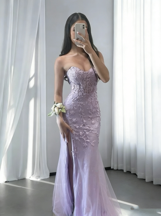 Classy Strapless Lilac Tulle Appliques Mermaid Slit Long Party Dress 19th Birthday Outfits SP1869