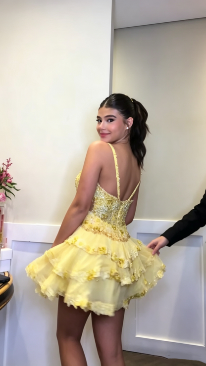 Gorgeous Spaghetti Straps Yellow Chiffon Sequin Beaded A Line Short Homecoming Dress,Formal 17th Birthday Outfits SP3003