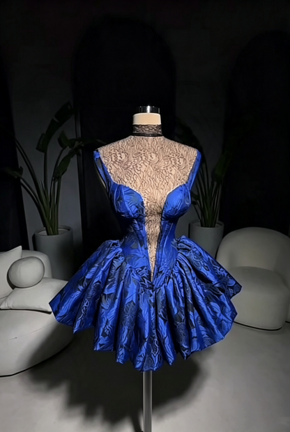 Vintage Blue Lace Satin Print Floral A Line Short 6th Grade Homecoming Dress,Mini Prom Dress SP3267