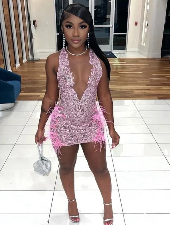 Luxurious Heavy Beaded Pink Homecoming Dress,22th Birthday Outfit Dress Y1828