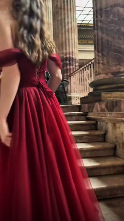 Elegant Off The Shoulder Tulle Long Wedding Guest Dress Burgundy Long Party Dress SP3737