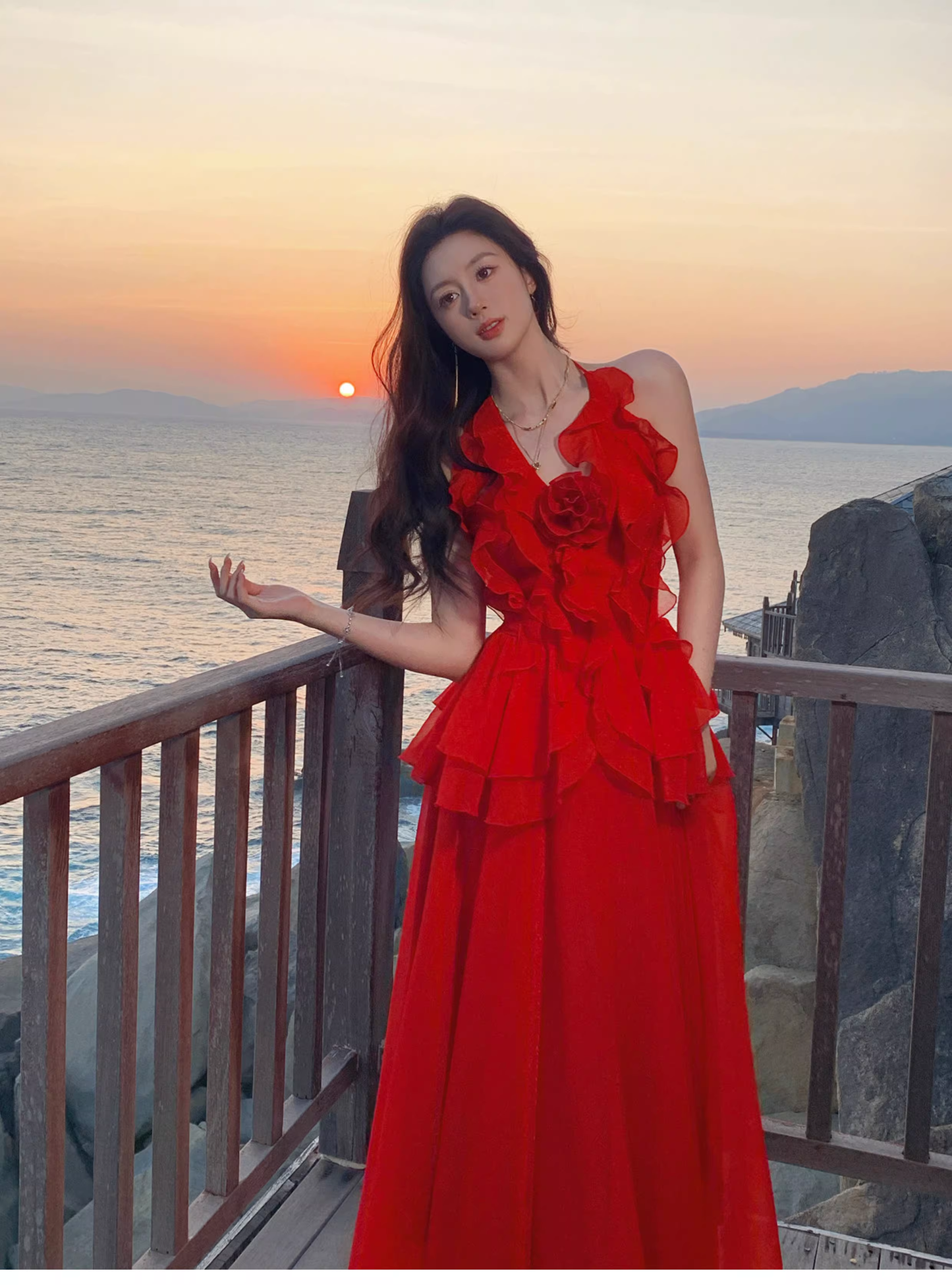 Sexy Red Halter Chiffon Ruffles Long Party Dress Prom Dress SP1973