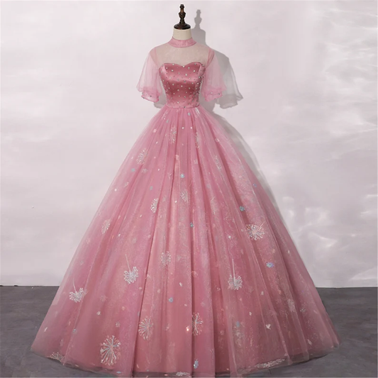 Blush Pink Quinceanera Dress Masquerade Dress A-Line Wedding Dress Floor Length High Neck Bridal Gown Short Sleeves Y2937