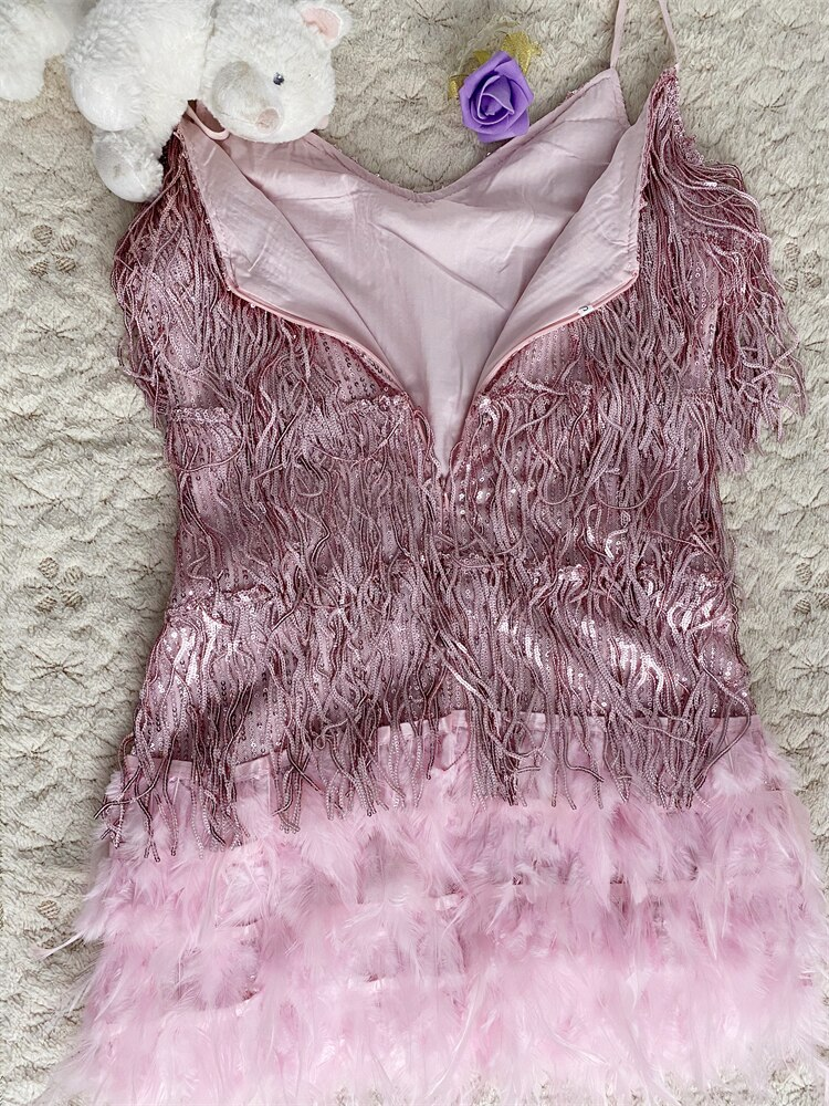 Women Sexy Feather Sparkly Tassel Dress Pink Sequin Fringe Dance Flapper Dress Summer Formal Dress,Pink Homecoming Dress ,Y2470