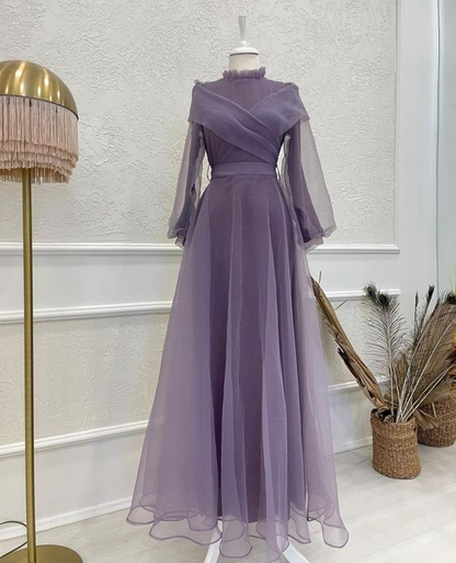 Modest Purple A-line Long Sleeves Prom Dress,Muslim Prom Gown Y6749