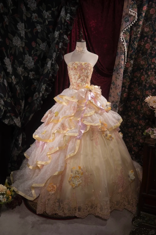 Vintage Strapless Yellow Tulle Ball Gown 3D Floral Applique Beaded Ruffled Trim Lace Quinceanera Dress SP2731