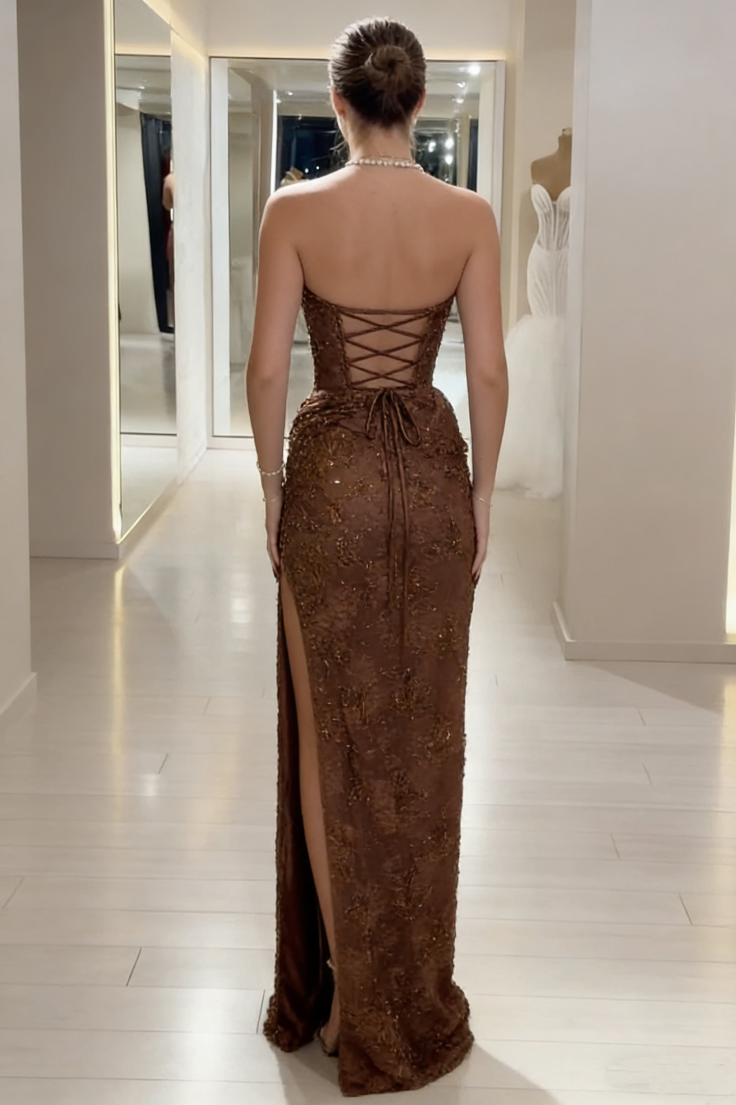 Elegant Strapless Brown Lace Slit Mermaid Prom Dress Long Party Dress SP1350