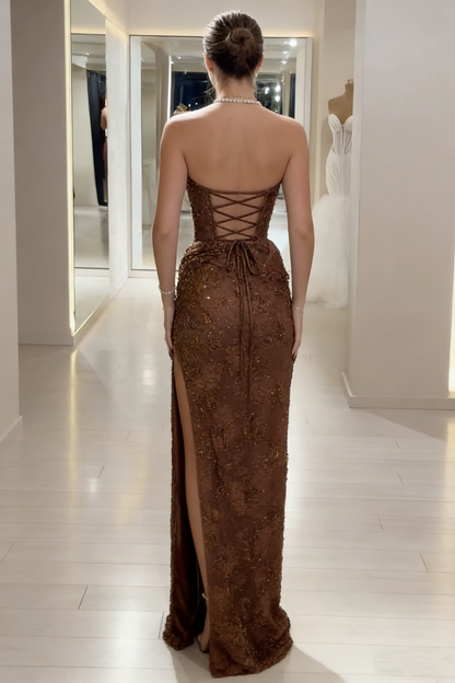Elegant Strapless Brown Lace Slit Mermaid Prom Dress Long Party Dress SP1350