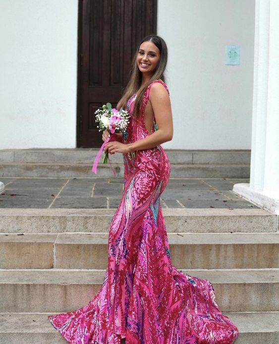 Gorgeous Mermaid V Neck Sequins Long Prom Dresses Y7186