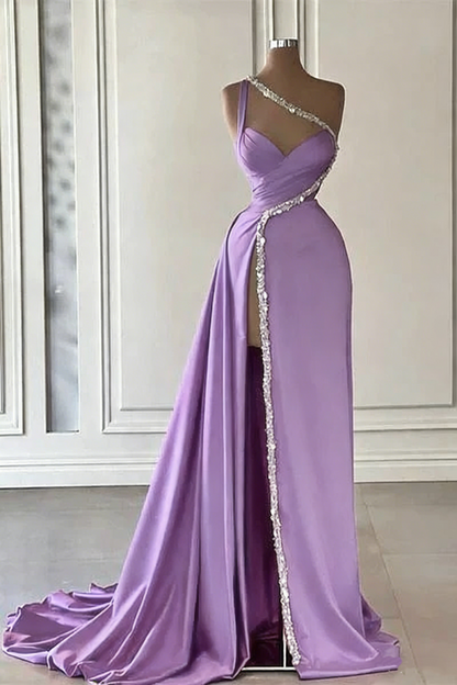 Gorgeous One Shoulder Hot Pink Satin Beaded Long Prom Dress Slit Evening Dress Y7692