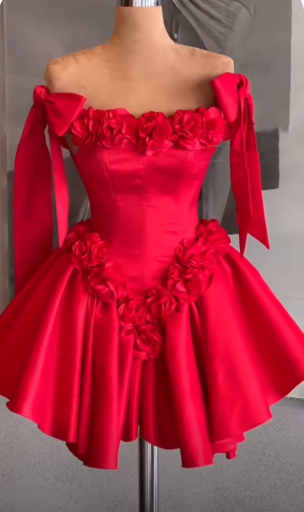 Fashion Bow Straps Satin A Line Mini Cocktail Dress,Red Short Homecoming Dress With 3D Florals SP3197