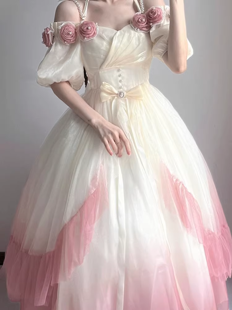 Roses Flowers Masquerade Prom Dress Pink Gradient Floral Wedding Dress Vintage Princess Dress with Pearls Y2401