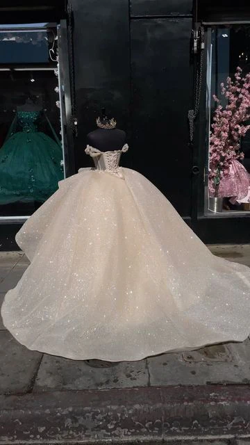 Sparkly Champagne Princess Ball Gown Quinceanera Dresses Elegant Straps Appliques Sweet 16 Dress Y4150
