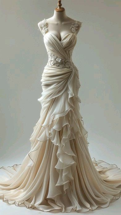 Luxury Ivory Chiffon Appliques Layered Pleated Formal Mermaid Wedding Dress Y8031