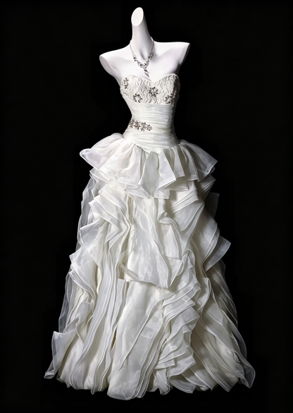 Elegant Strapless Beaded Tulle Ruffles Long Party Dress White Birthday Prom Gown SP3190