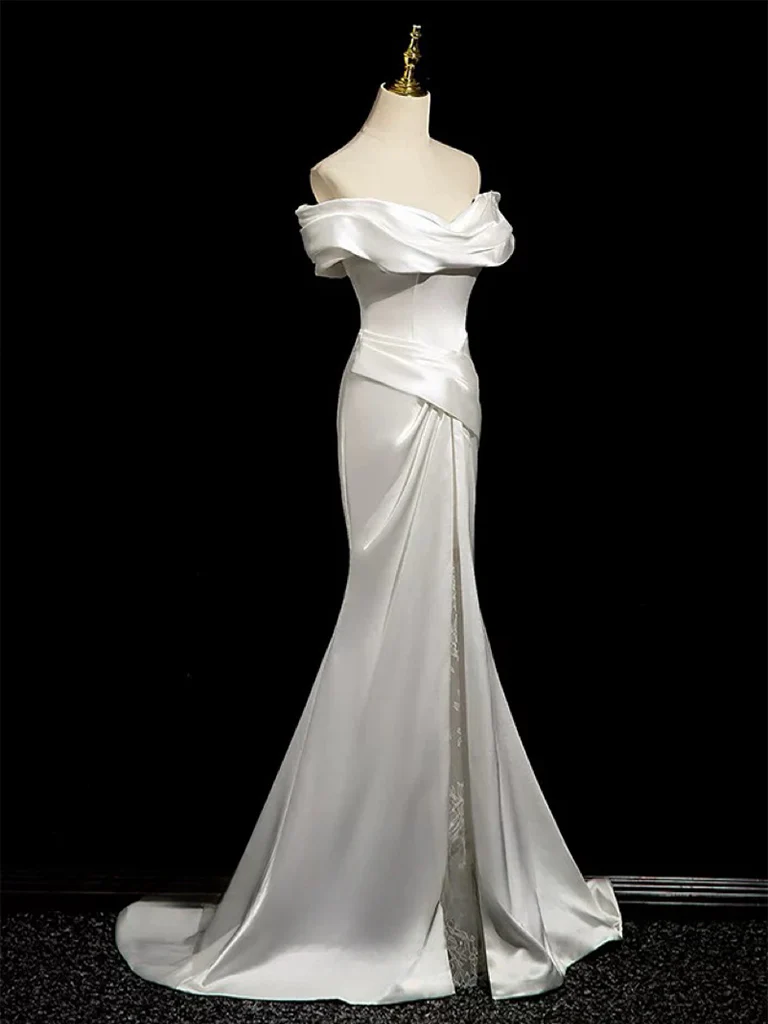 Simple Mermaid Off Shoulder Satin White Long Wedding Dress Y8047