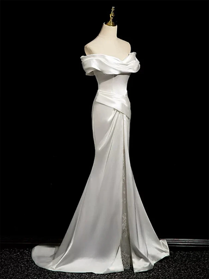 Simple Mermaid Off Shoulder Satin White Long Wedding Dress Y8047