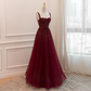 Gothic Burgundy Spaghetti Straps Sequins Beaded Formal Prom Dress Tulle Party Evening Dress Y7586