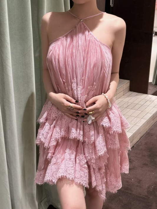 Clamorous Pink Halter Tulle Lace A Line Short Homecoming Dress Birthday Outfits SP3620
