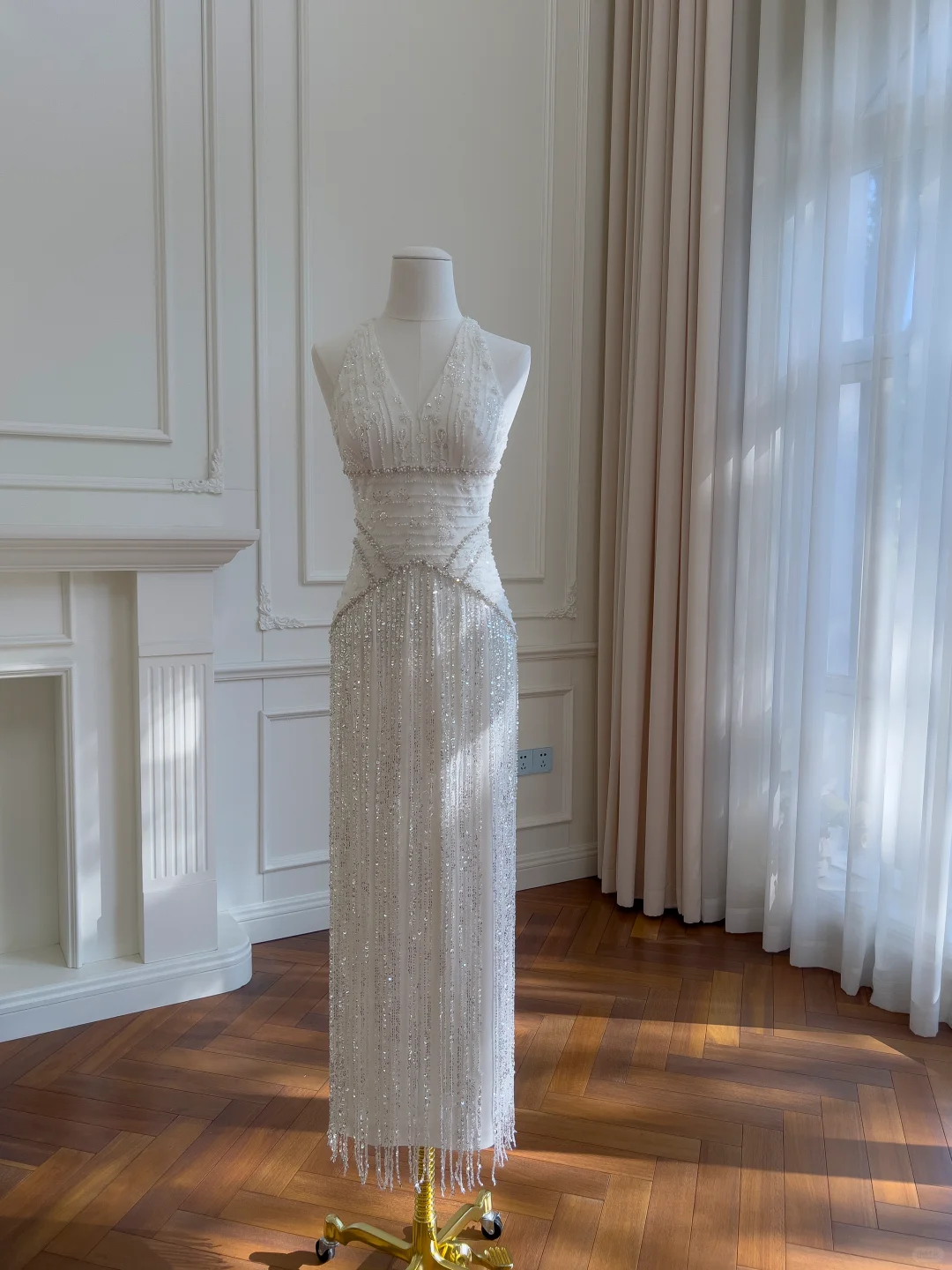 Glitter White V Neck Satin Sequin Beaded Long Party Dress Prom Gown SP2578
