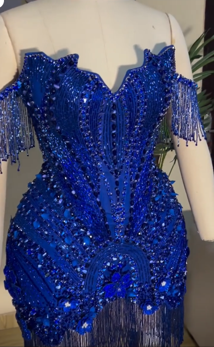 Luxurious Royal Blue Satin Beaded Tassel Short Homecoming Dress,Off The Shoulder Bodycon Mini Birthday Dress SP3024