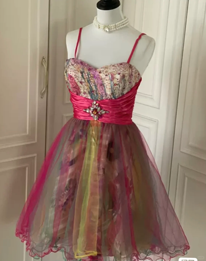 Unique Spaghetti Straps Tulle Sequin Homecoming Dress Cocktail Dress Y9053