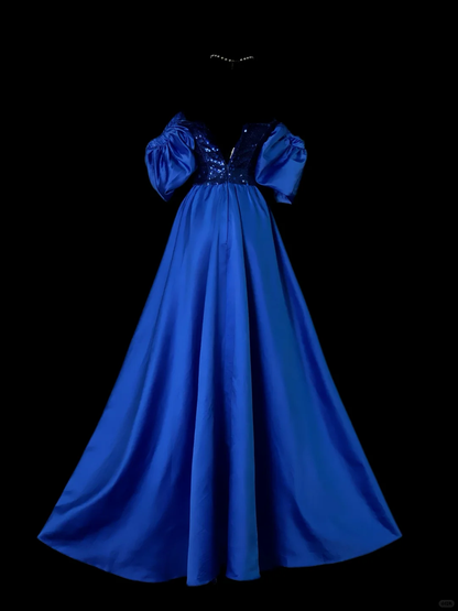 Sparkly Off The Shoulder Sequin Satin Long Wedding Guest Dress Blue Long Party Dress SP4064