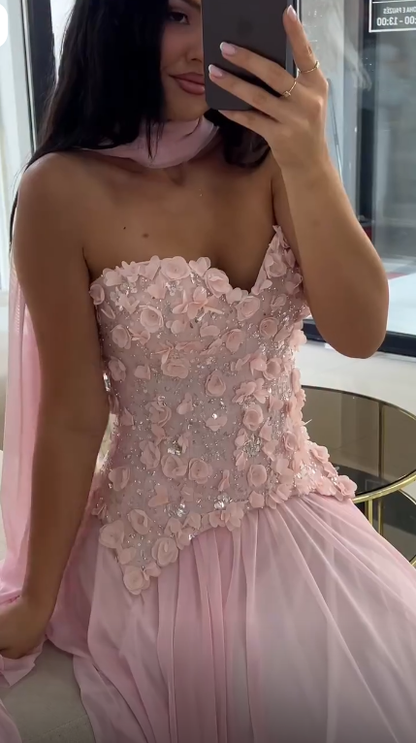 Elegant Pink Strapless Chiffon Appliques Long Party Dress Evening Dress SP3741