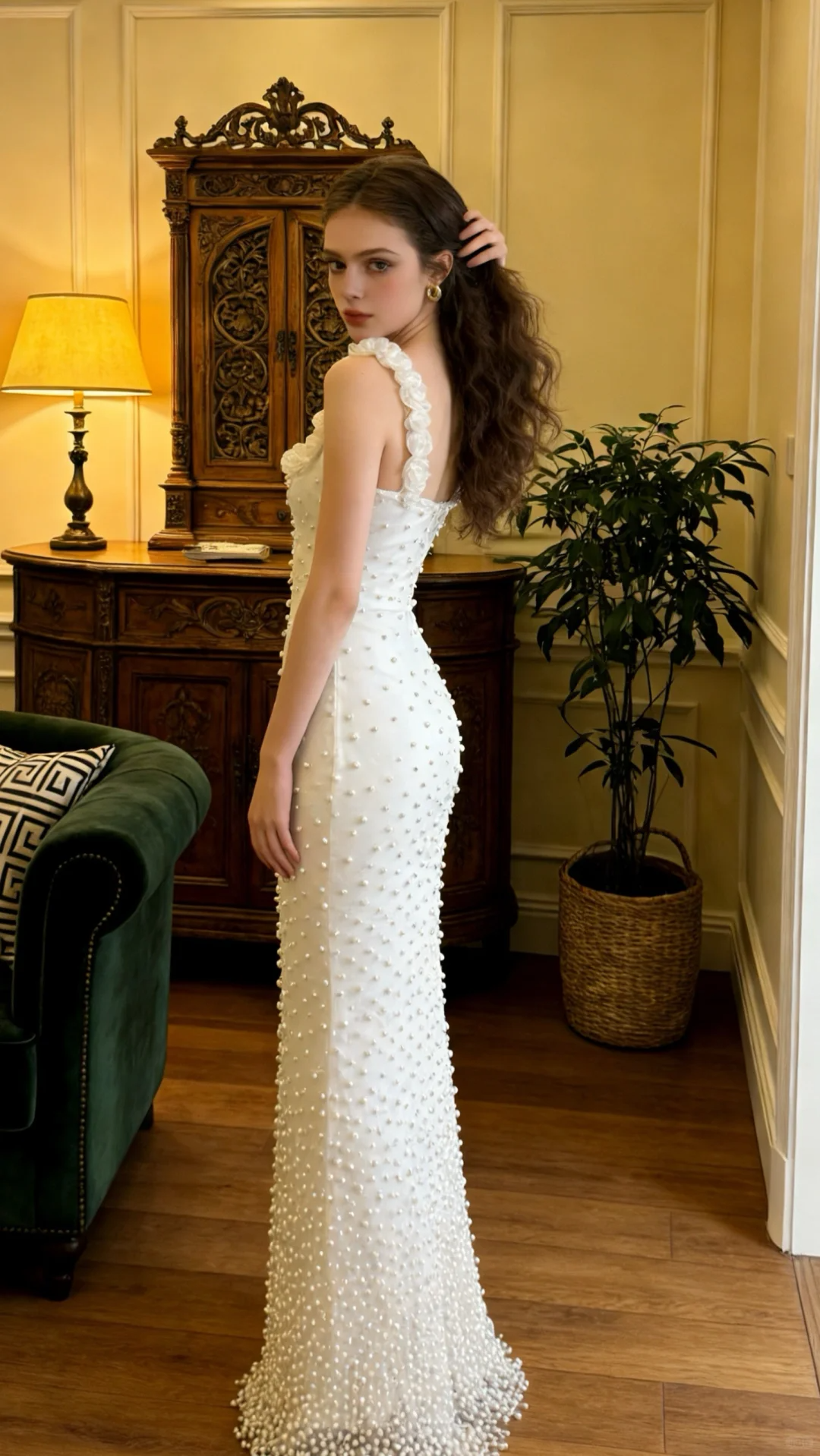 Glamorous Spaghetti Straps Tulle Pearls Beaded Mermaid Long Prom Dress White Birthday Party Gown SP2060
