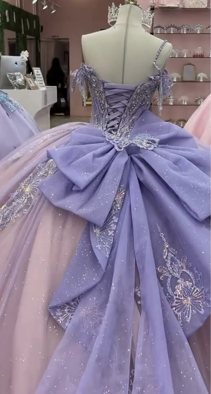 Glamorous Pink-purple Tulle Sequin Beaded Quinceanera Dress Sweet 15/16 Dress With Bow SP4295