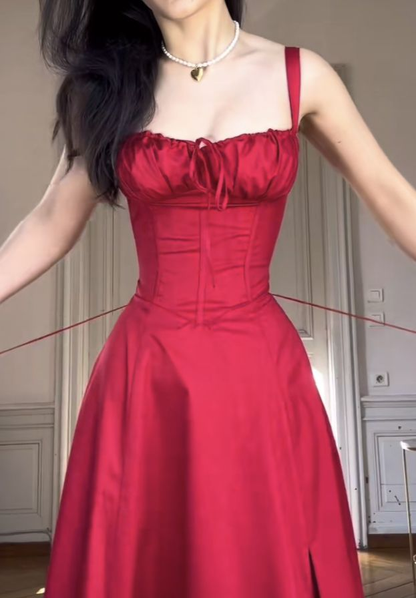 Casual Lace up Waist Controlled Slimming A Line Slip Red Party Dress,Red Prom Dress Y4581