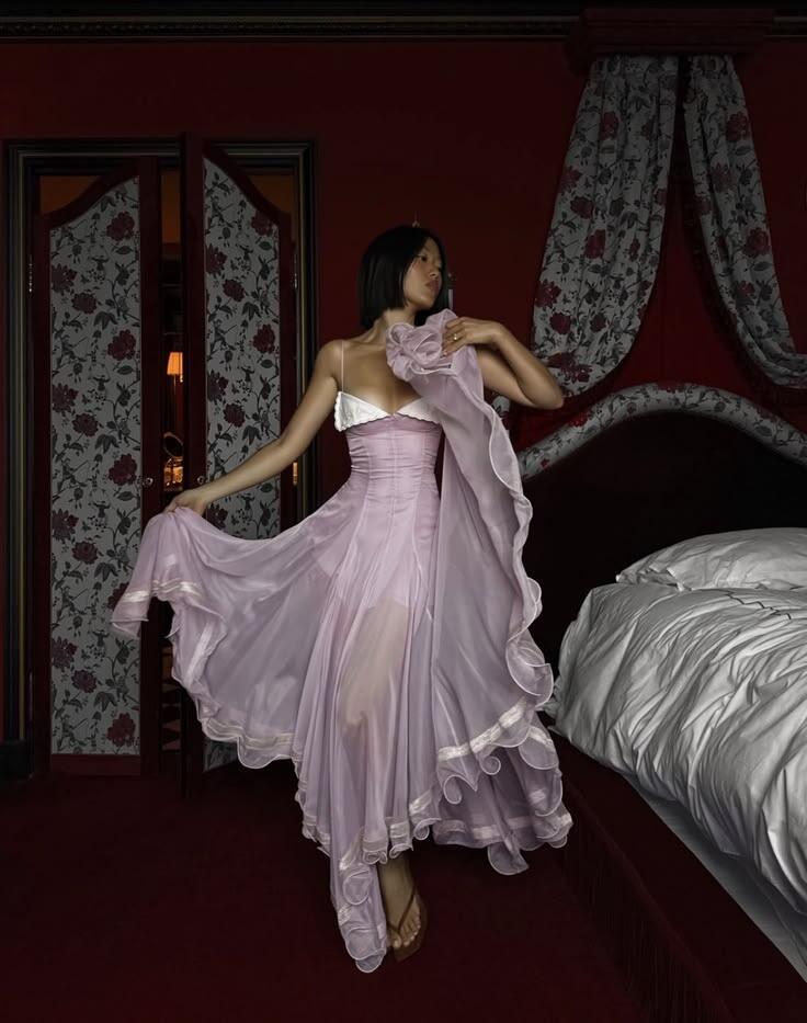 Classy Spaghetti Straps Lilac Chiffon Slit Mermaid Long Party Dress Evening Gown SP2687