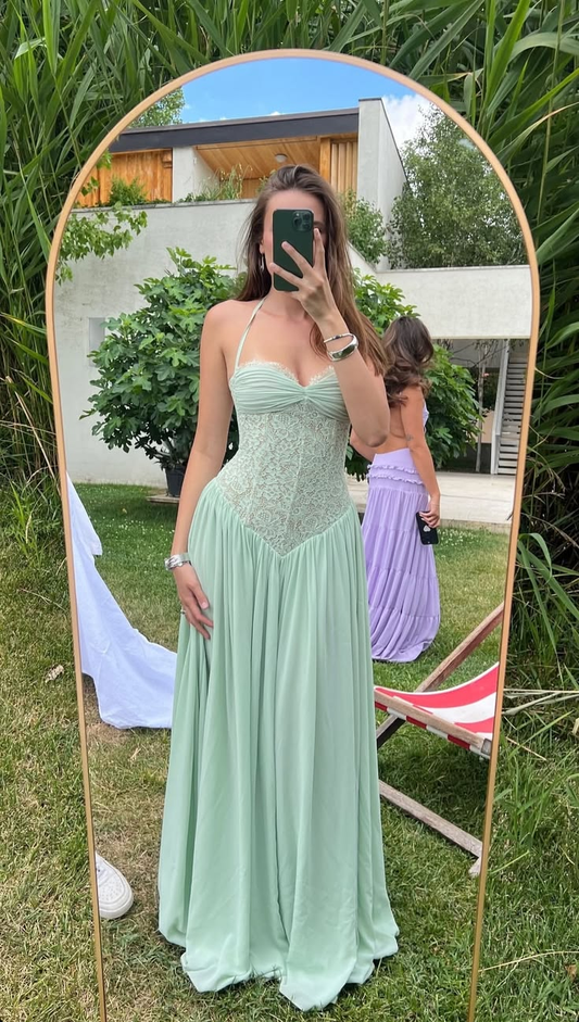 Sexy Light Green Halter Lace Chiffon A Line Party Dress Long Wedding Guest Dress SP2952