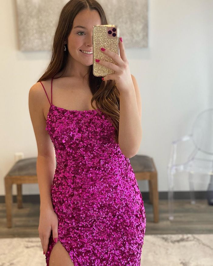 Spaghetti Straps Rose Red Sequin Mermaid Prom Dress with Side Slit Y6319