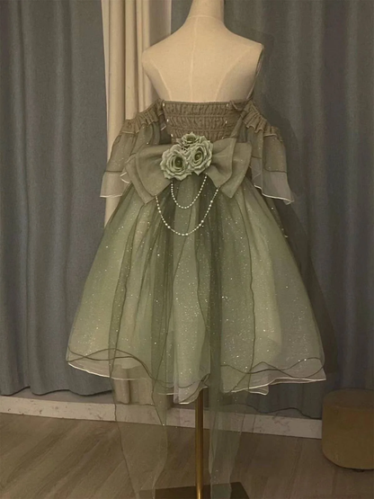 Classy Green Off Shoulder A-Line Floral Short Homecoming Dress Cute Mini Birthday Dress SP3786