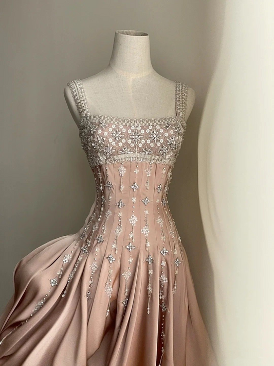 Luxury nude satin hand-beaded diamond homecoming dress Y4542