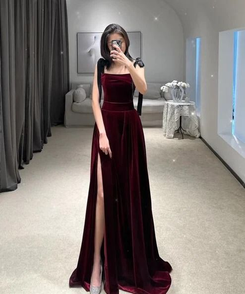 Classy Burgundy Straps Prom Dress With Split Y6740