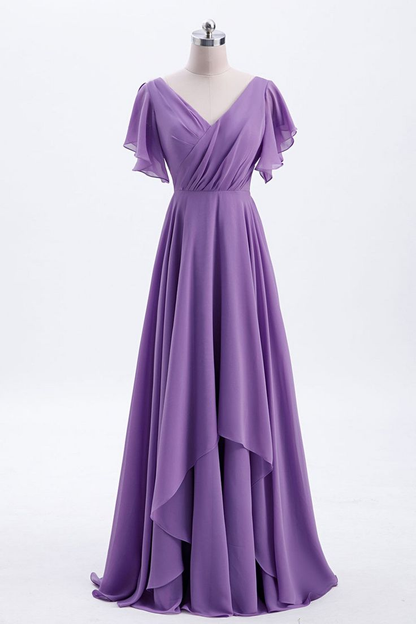 Flutter Sleeves Lavender Chiffon A-line Long Bridesmaid Dress,Simple Prom Dress Y5583