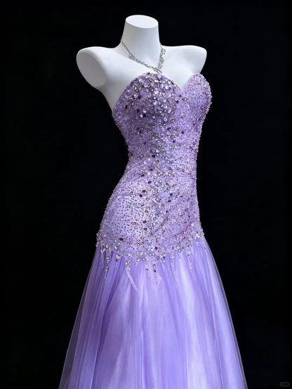 Dreamy Lavender Strapless Mermaid Formal Party Gown,Sparkle Tulle Beaded Long Wedding Guest Dress SP2729