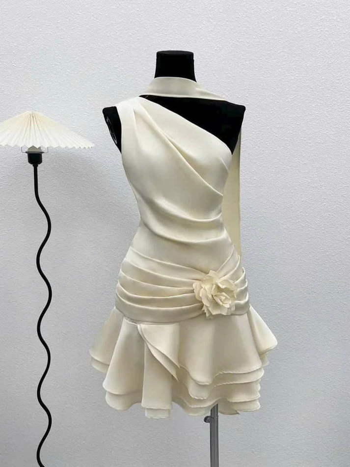 Cute One Shoulder Satin Pleated Short Graduation Homecoming Dress Formal 16th Birthday Outfits Y9487