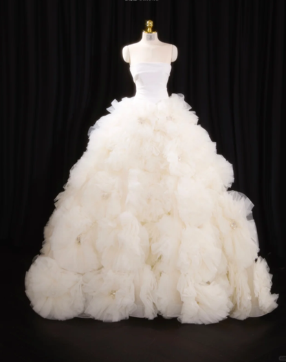 Charming Strapless Satin Tulle Beaded 3D Flowers Ball Gown Long Wedding Dress SP2239