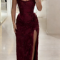 Elegant Strapless Brown Lace Slit Mermaid Prom Dress Long Party Dress SP1350