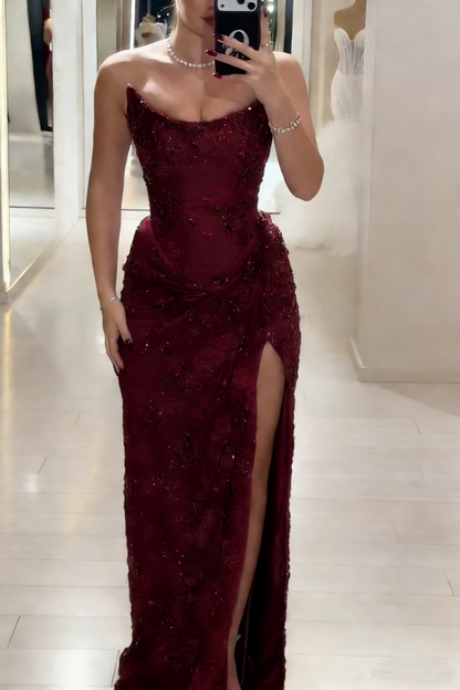 Elegant Strapless Brown Lace Slit Mermaid Prom Dress Long Party Dress SP1350