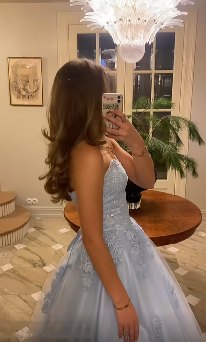 Fairy Blue Strapless Tulle Appliques Beaded A Line Long Prom Dress Birthday Party Dress SP2111