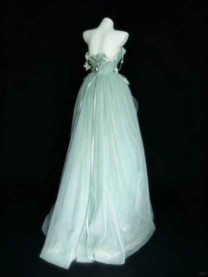 Elegant Strapless Mint Green Tulle Party Dress White Appliques A-Line Long Prom Dress SP2727