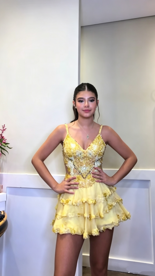 Gorgeous Spaghetti Straps Yellow Chiffon Sequin Beaded A Line Short Homecoming Dress,Formal 17th Birthday Outfits SP3003