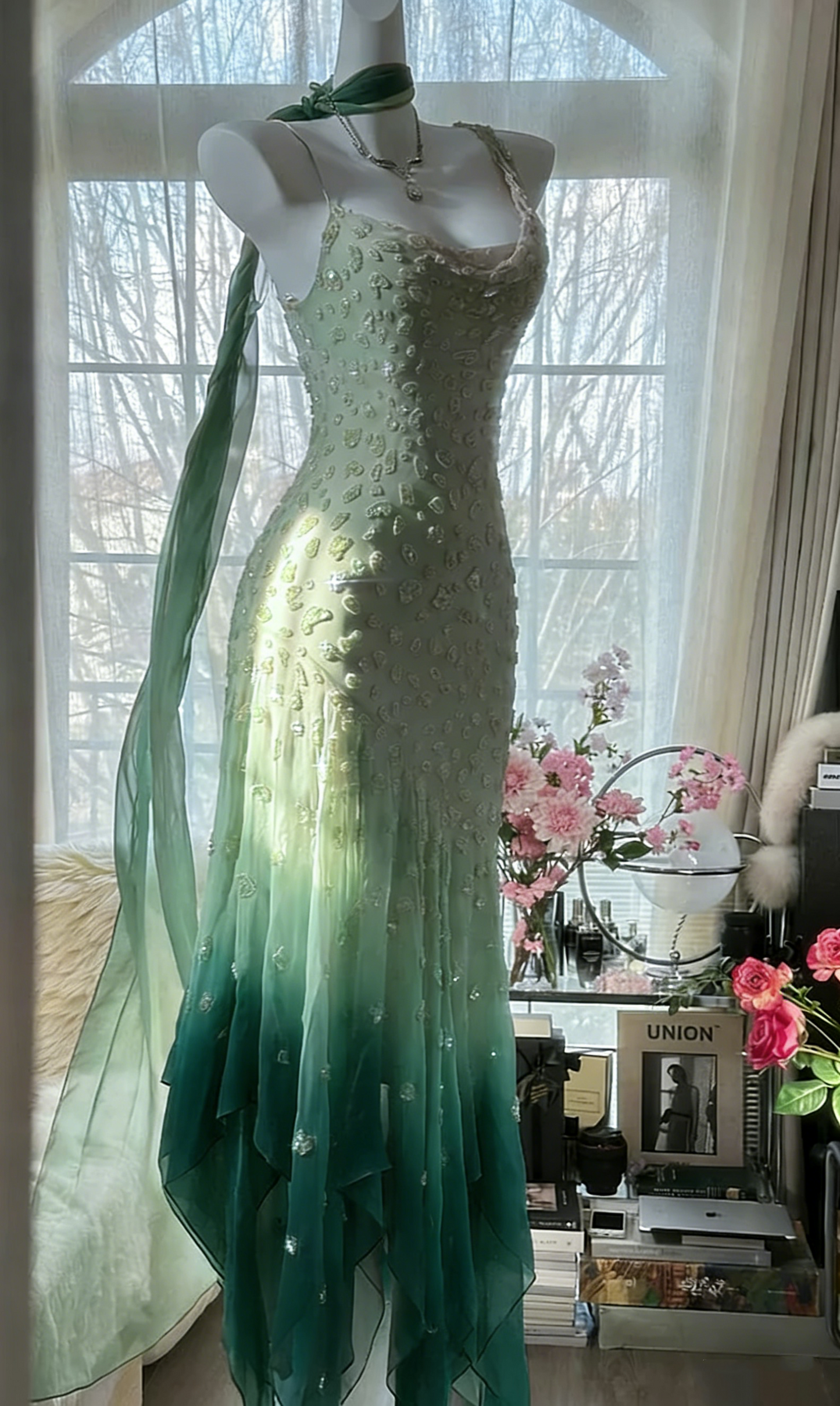Vintage Pink Chiffon Beaded Mermaid Evening Dress Prom Dress Y8788