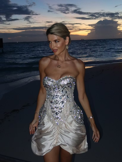 Stunning Sweetheart Neck Satin Beading Sequins Pleated Short Homecoming Dress Birthday Dress SP3818