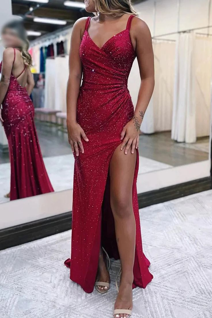 Sparkly Dark Red Sheath Long Prom Dress with Slit Y6682