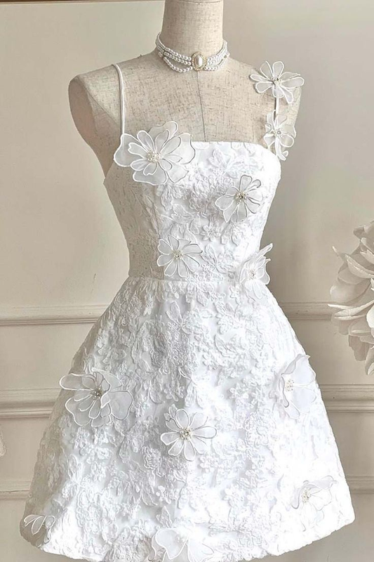 Pretty White Spaghetti Straps Lace A Line Short Homecoming Dress Birthday Outfits With Flowers SP202